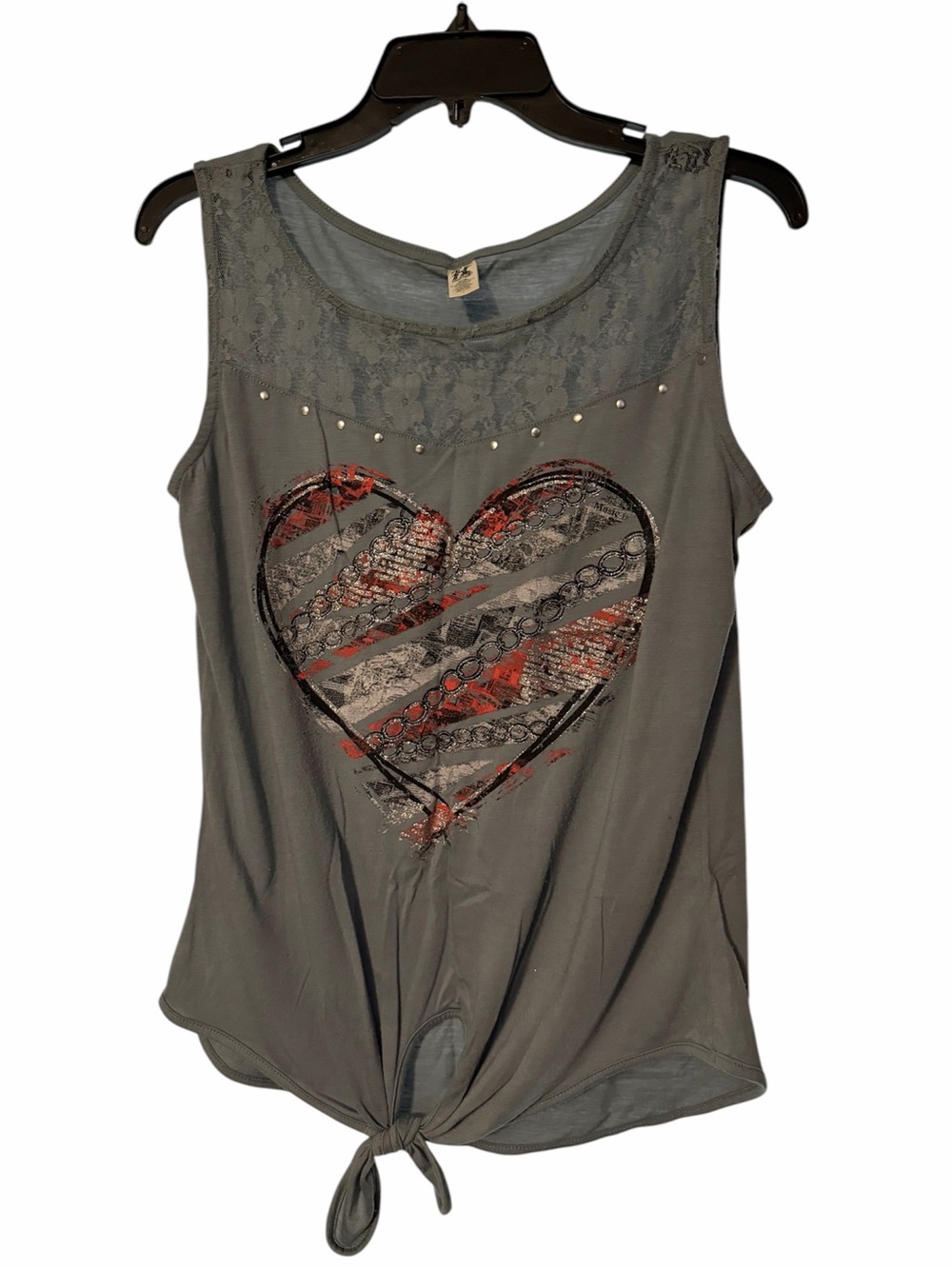 Hybrid & company Vintage Gray Lace Yoke Tank with Heart Graphic and Front Tie